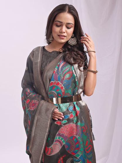 Grey Linen Cotton Peacock Pallu Saree | EZB SI04 ASMRN1001