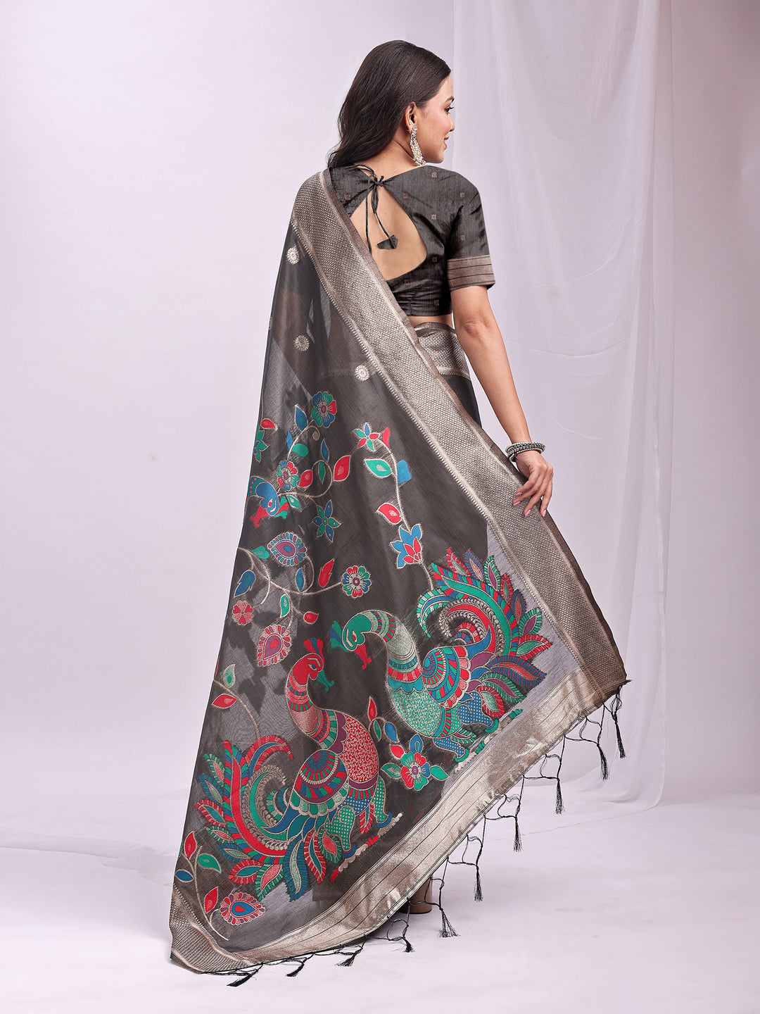 Grey Linen Cotton Peacock Pallu Saree | EZB SI04 ASMRN1001