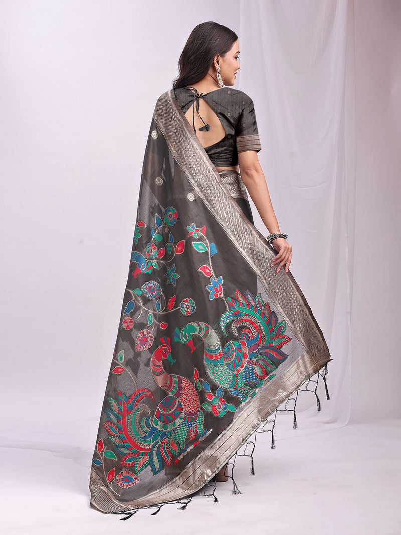 Grey Linen Cotton Peacock Pallu Saree | EZB SI04 ASMRN1001