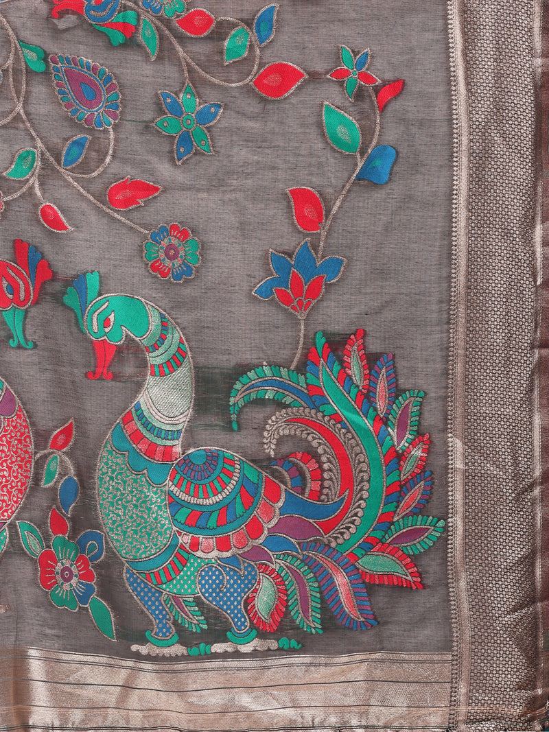 Grey Linen Cotton Peacock Pallu Saree | EZB SI04 ASMRN1001