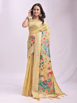 Yellow Linen Cotton Peacock Pallu Saree | EZB SI04 ASMRN1002