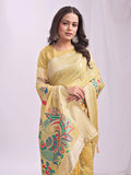 Yelllow Linen Cotton Saree With Blouse Piece - EZBER