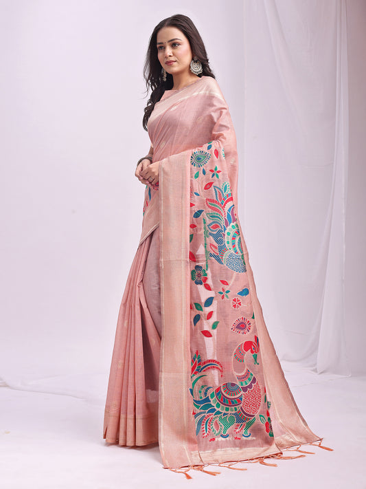 Peach Linen Cotton Peacock Pallu Saree | EZB SI04 ASMRN1003