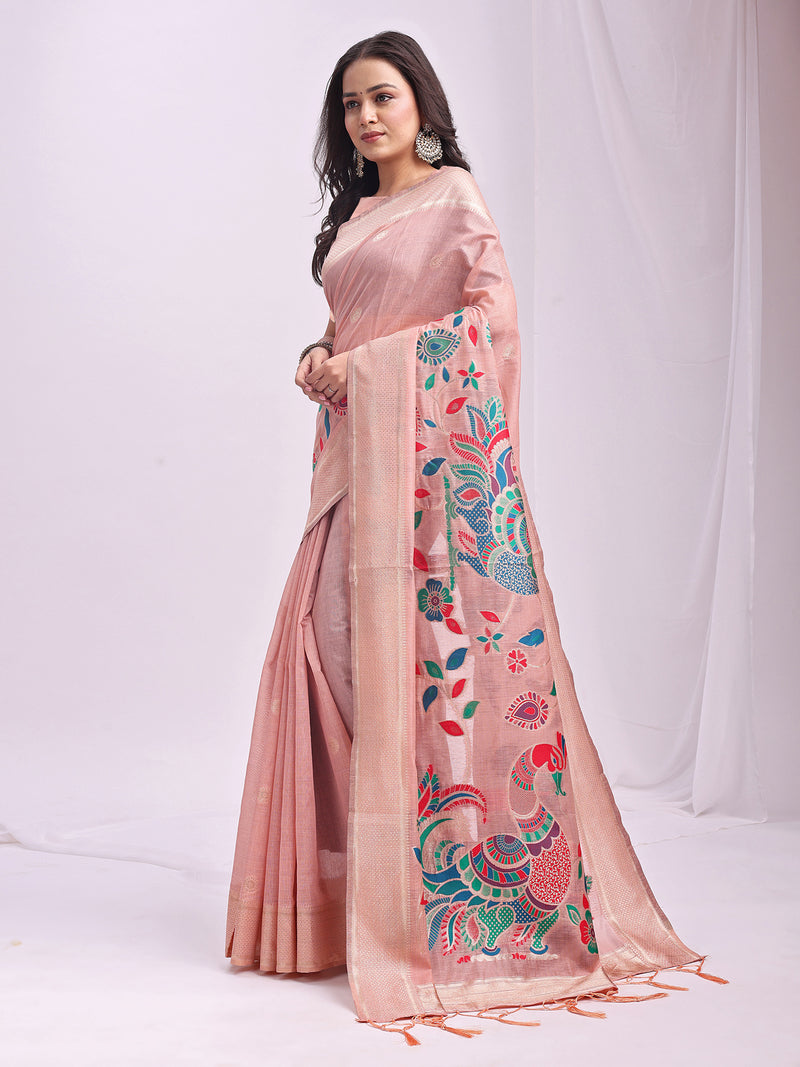 Peach Linen Cotton Peacock Pallu Saree | EZB SI04 ASMRN1003