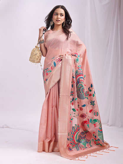 Peach Linen Cotton Peacock Pallu Saree | EZB SI04 ASMRN1003