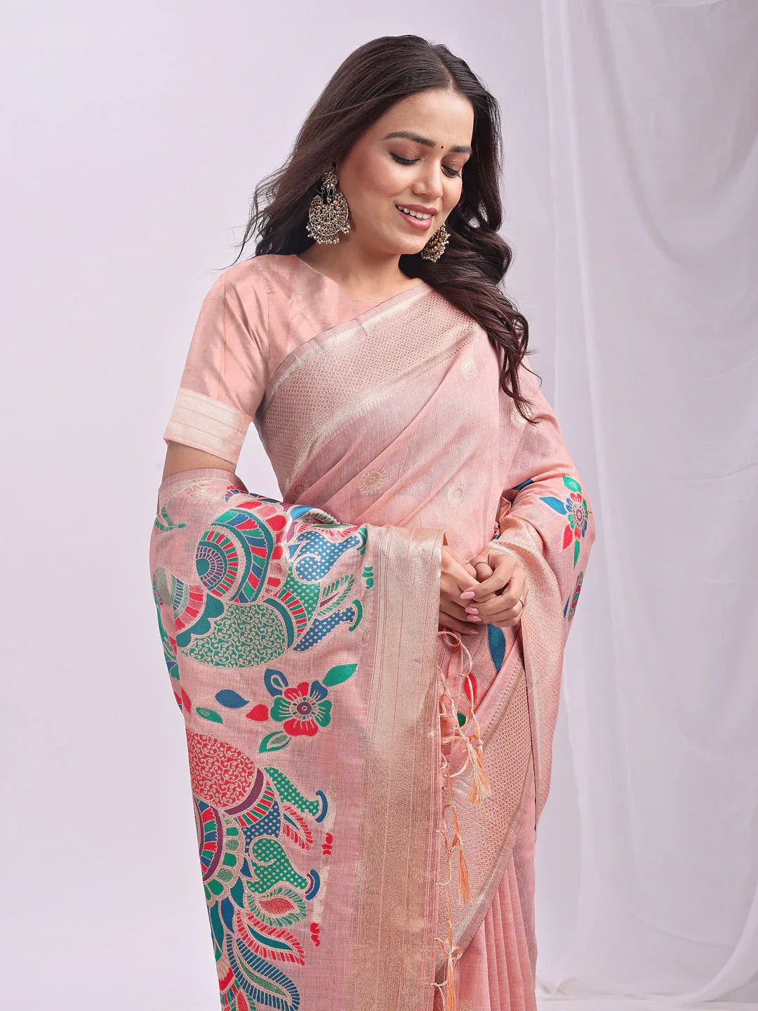 Peach Linen Cotton Saree With Blouse Piece - EZBER