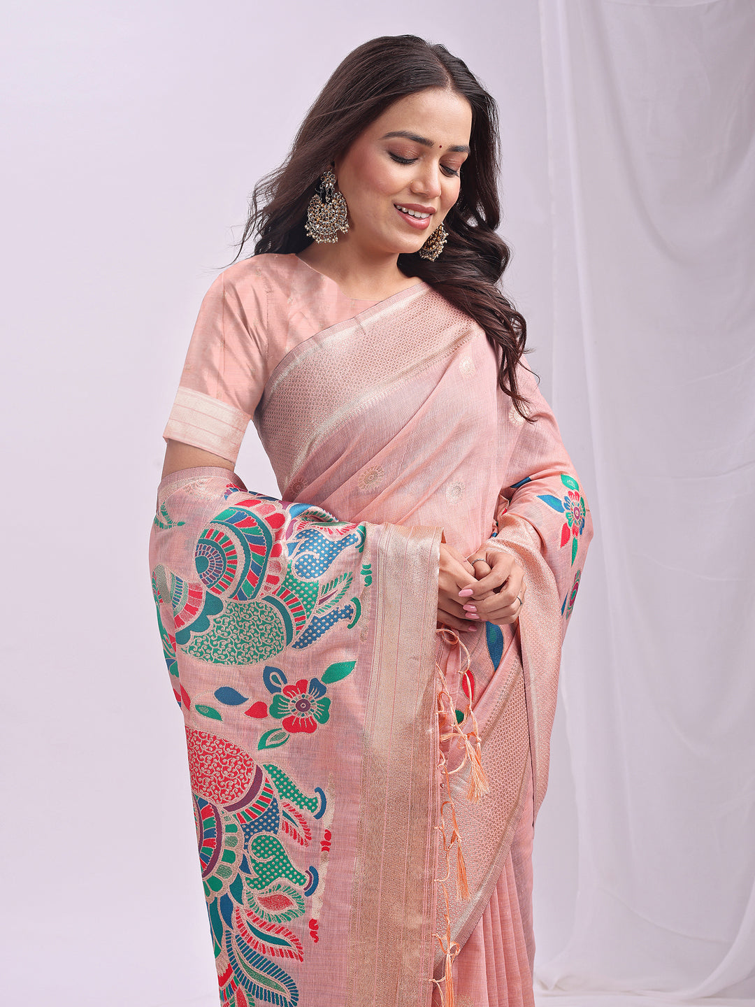 Peach Linen Cotton Peacock Pallu Saree | EZB SI04 ASMRN1003