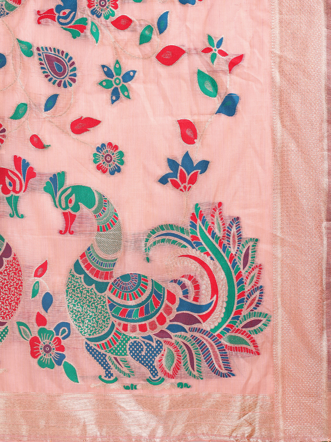 Peach Linen Cotton Peacock Pallu Saree | EZB SI04 ASMRN1003