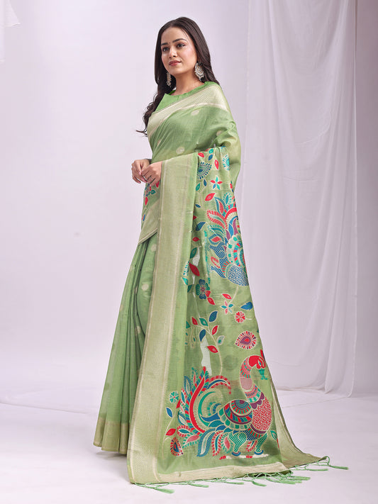 Green Linen Cotton Peacock Pallu Saree | EZB SI04 ASMRN1004