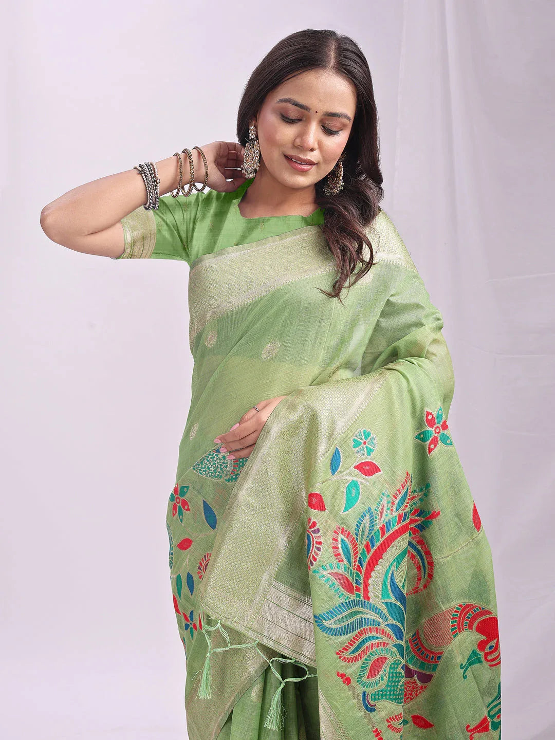 Light Green Linen Cotton Saree With Blouse Piece - EZBER