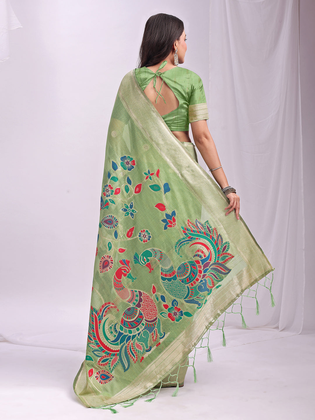 Green Linen Cotton Peacock Pallu Saree | EZB SI04 ASMRN1004