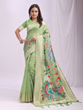 Green Linen Cotton Peacock Pallu Saree | EZB SI04 ASMRN1004