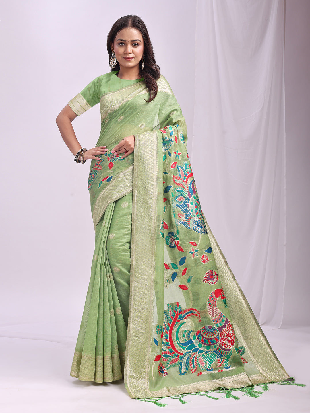 Green Linen Cotton Peacock Pallu Saree | EZB SI04 ASMRN1004
