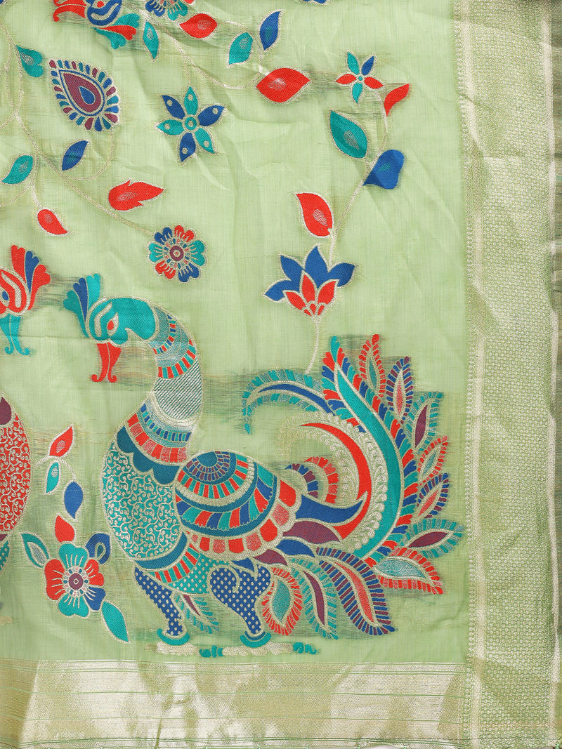Green Linen Cotton Peacock Pallu Saree | EZB SI04 ASMRN1004