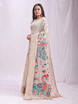 Cream Linen Cotton Peacock Pallu Saree | EZB SI04 ASMRN1005