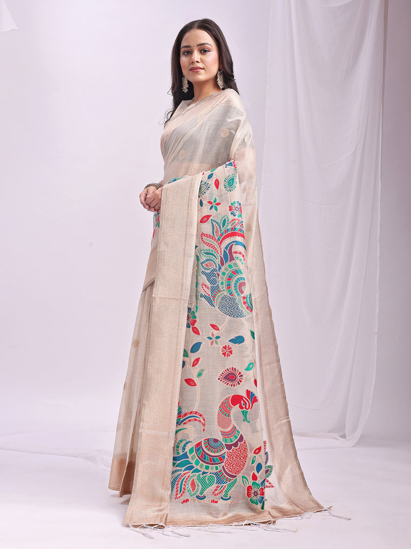 Cream Linen Cotton Peacock Pallu Saree | EZB SI04 ASMRN1005
