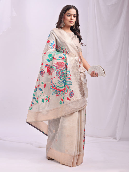 Cream Linen Cotton Peacock Pallu Saree | EZB SI04 ASMRN1005