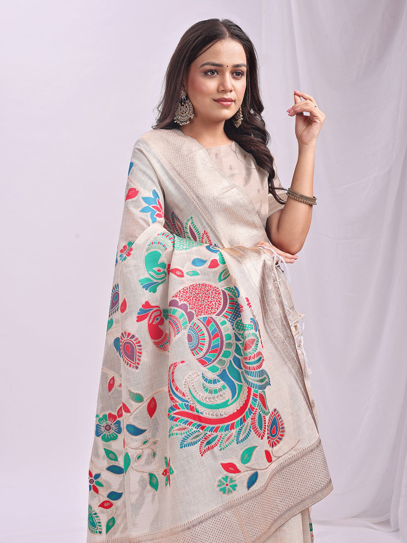 Cream Linen Cotton Peacock Pallu Saree | EZB SI04 ASMRN1005