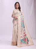 Cream Linen Cotton Peacock Pallu Saree | EZB SI04 ASMRN1005