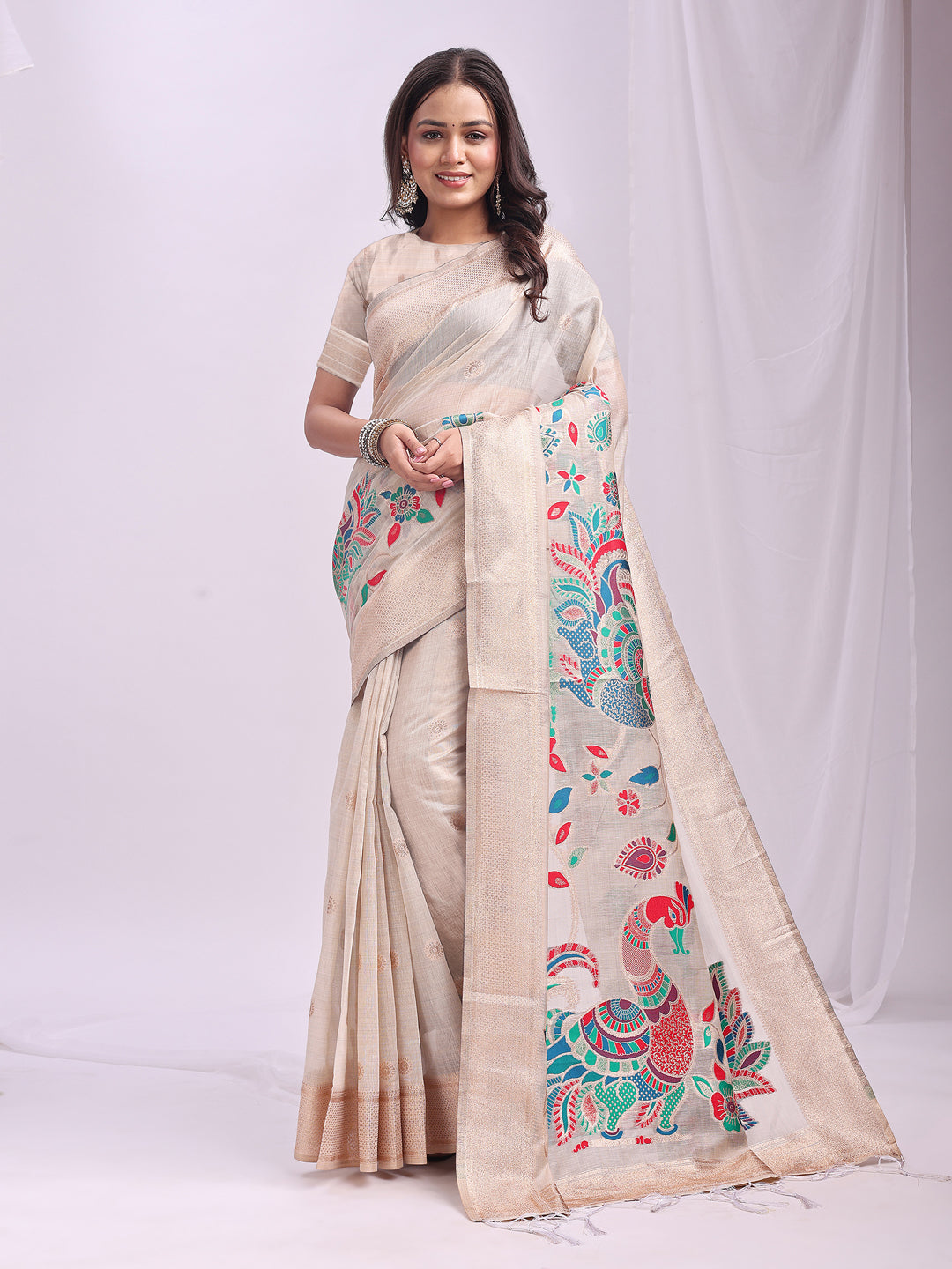 Cream Linen Cotton Peacock Pallu Saree | EZB SI04 ASMRN1005