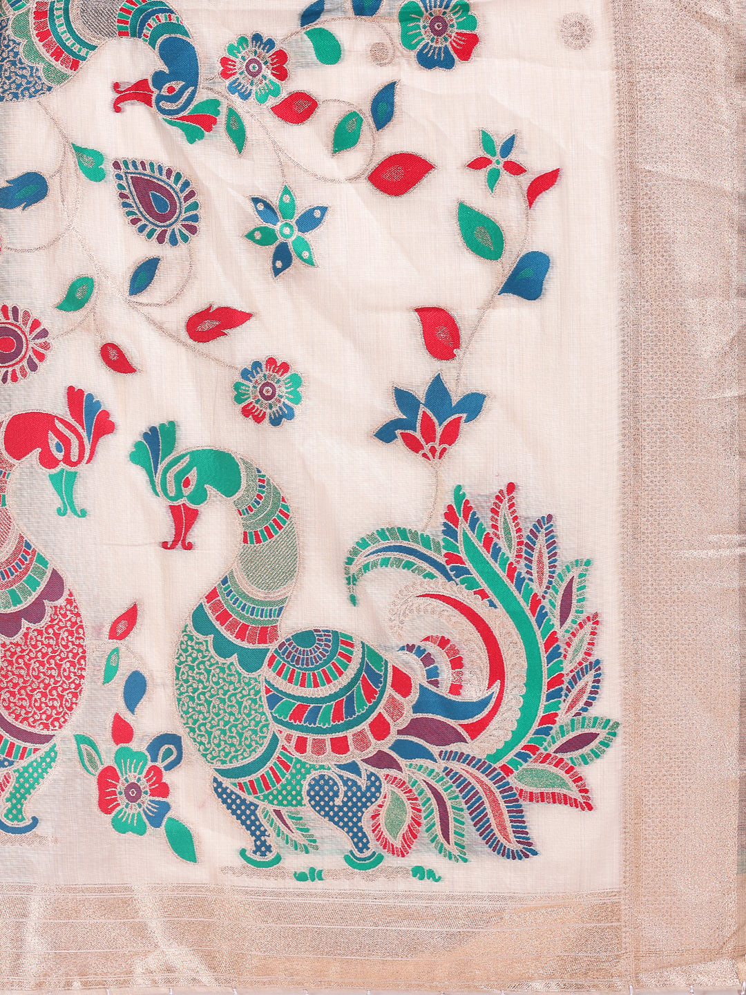 Cream Linen Cotton Peacock Pallu Saree | EZB SI04 ASMRN1005
