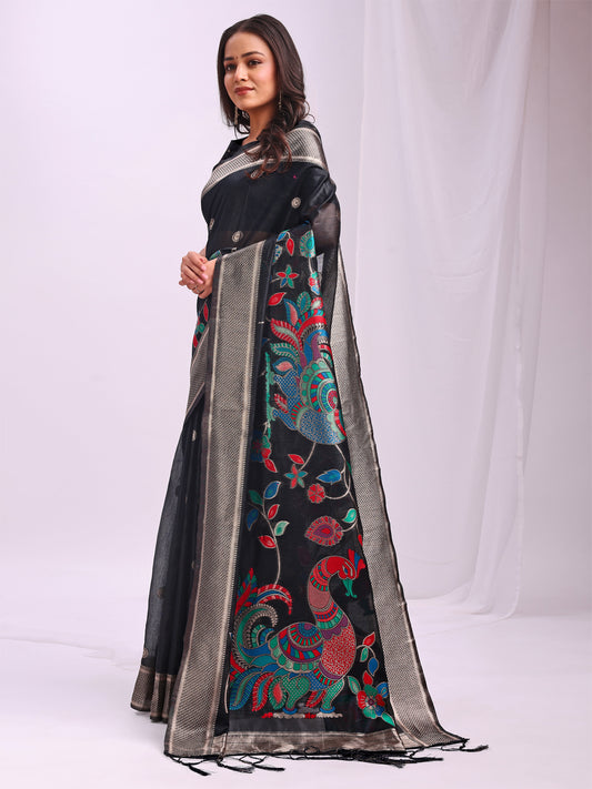 Black Linen Cotton Peacock Pallu Saree | EZB SI04 ASMRN1006