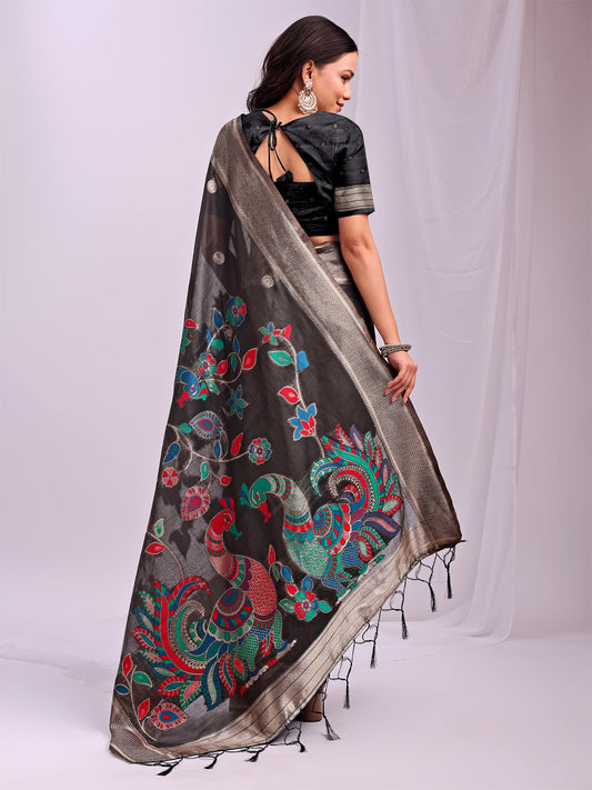 Black Linen Cotton Peacock Pallu Saree | EZB SI04 ASMRN1006