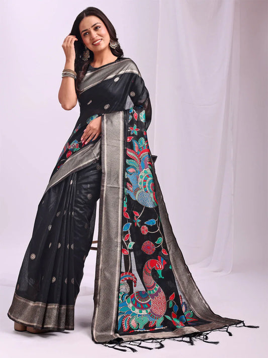 Black Linen Cotton Saree With Blouse Piece - EZBER