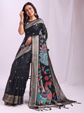 Black Linen Cotton Peacock Pallu Saree | EZB SI04 ASMRN1006