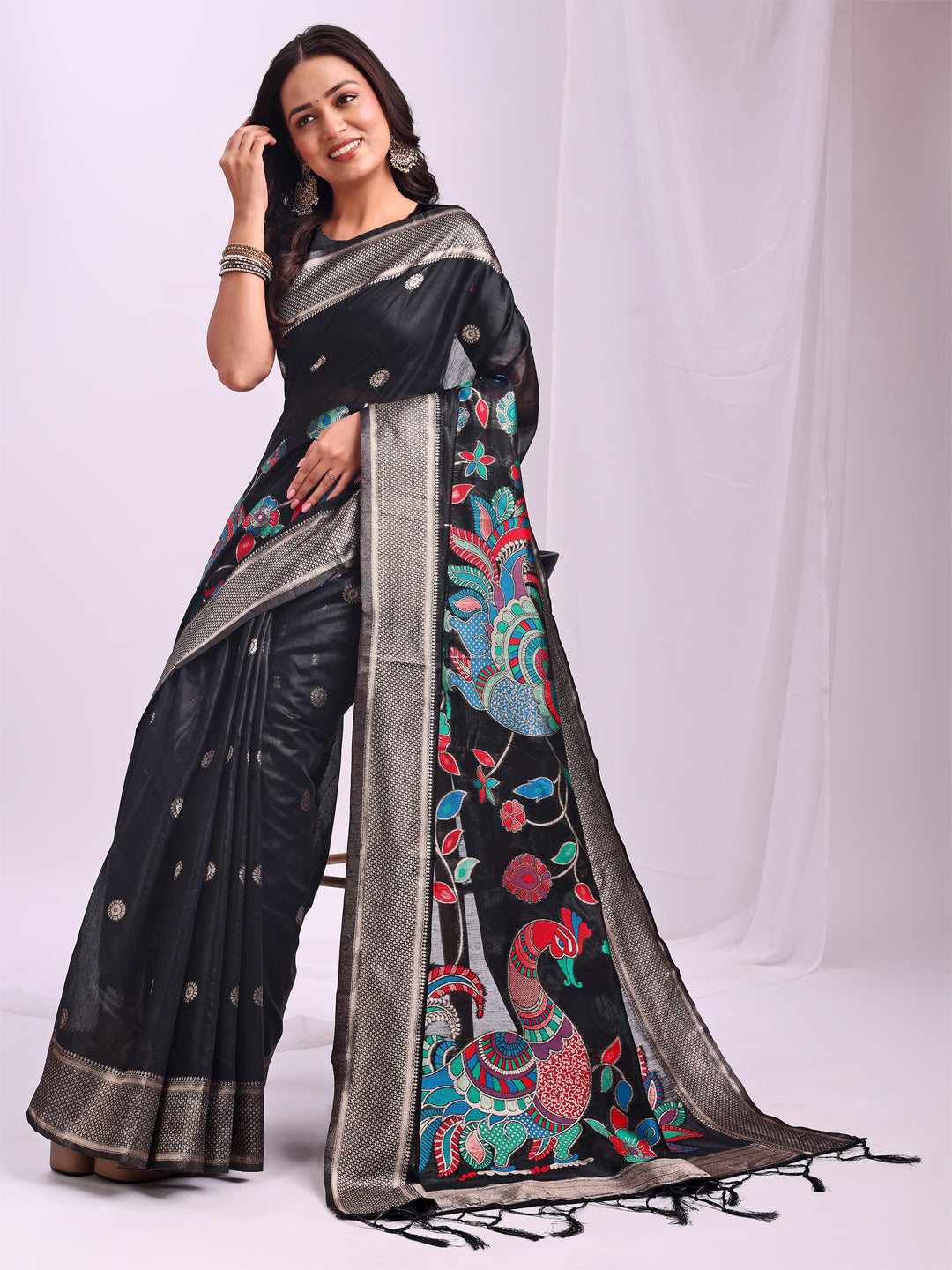Black Linen Cotton Peacock Pallu Saree | EZB SI04 ASMRN1006