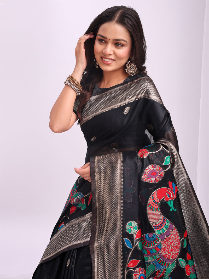 Black Linen Cotton Peacock Pallu Saree | EZB SI04 ASMRN1006