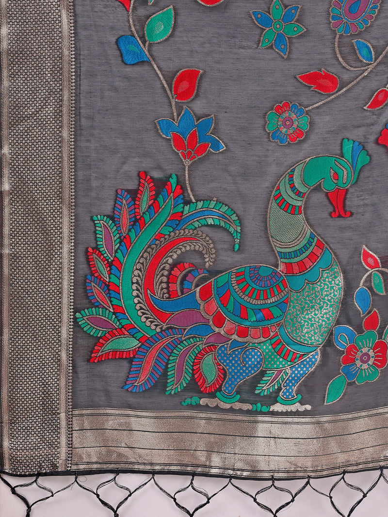 Black Linen Cotton Peacock Pallu Saree | EZB SI04 ASMRN1006