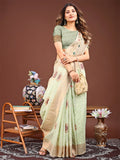 Sea Green Linen Cotton Saree With Blouse Piece - EZBER