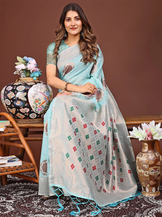 Sky Blue Linen Cotton Saree With Blouse Piece - EZBER