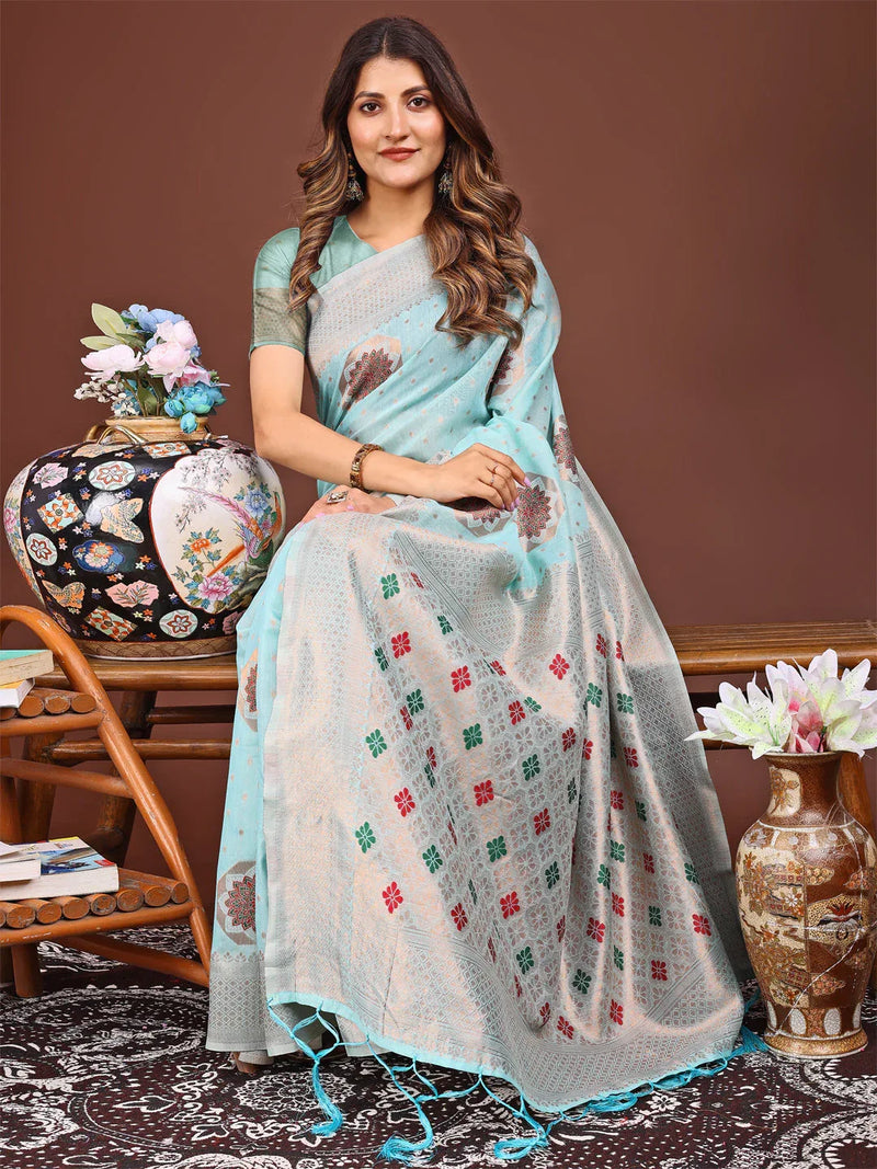 Sky Blue Linen Cotton Saree With Blouse Piece - EZBER
