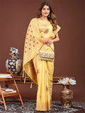 Yellow Linen Cotton Saree With Blouse Piece - EZBER