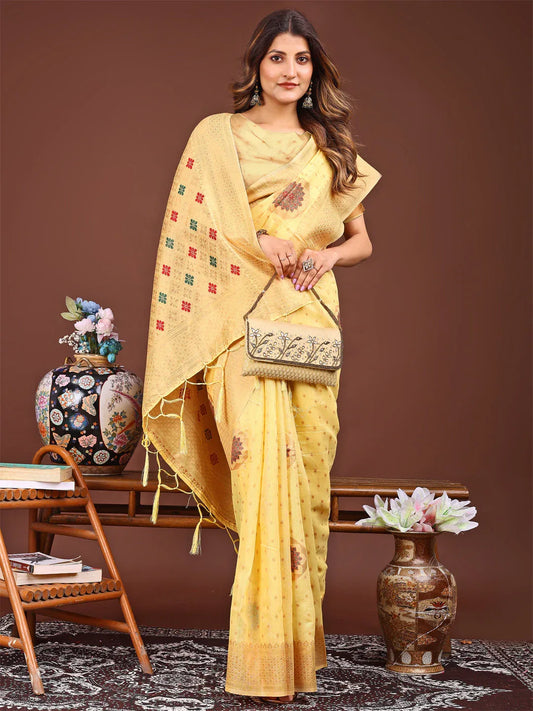 Yellow Linen Cotton Saree With Blouse Piece - EZBER