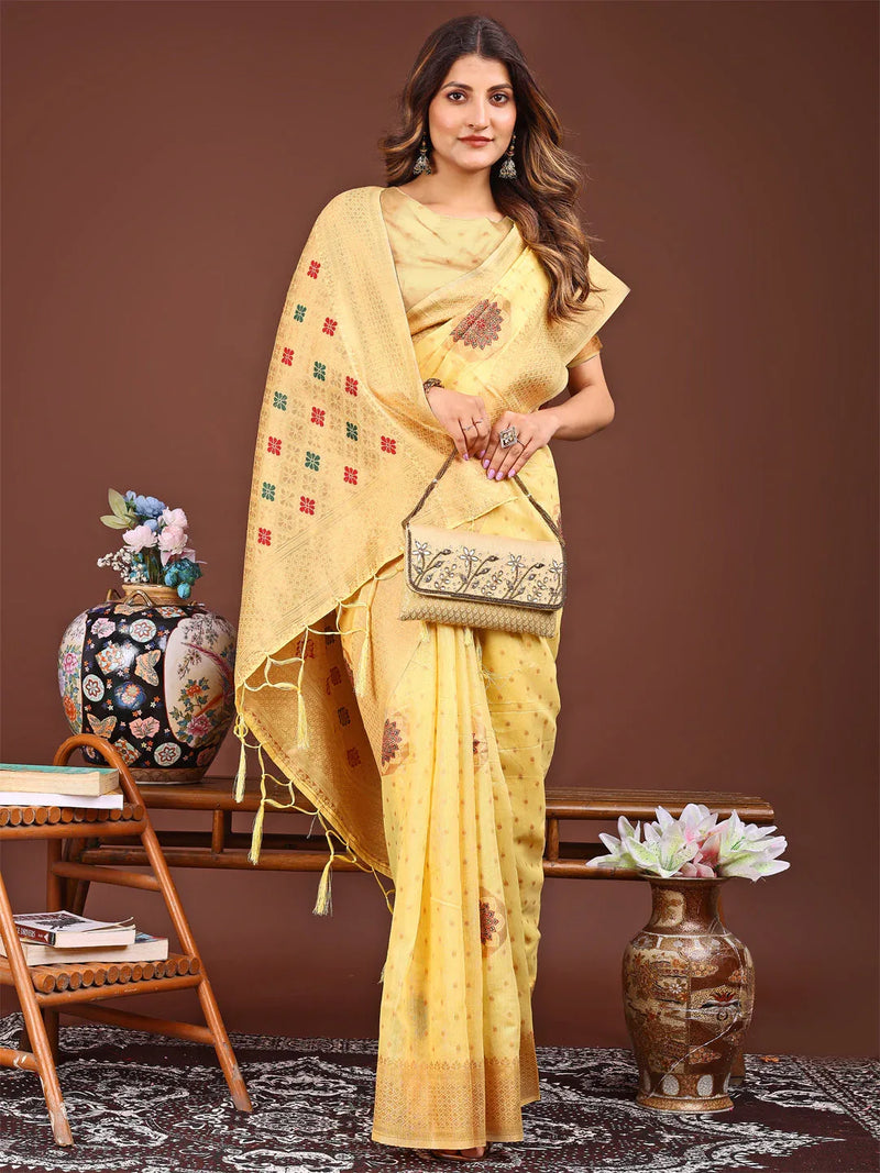 Yellow Linen Cotton Saree With Blouse Piece - EZBER