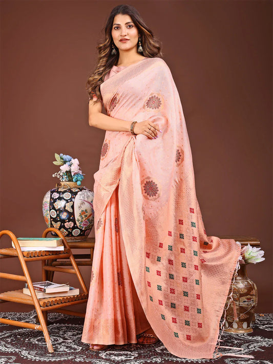 Peach Linen Cotton Saree With Blouse Piece - EZBER