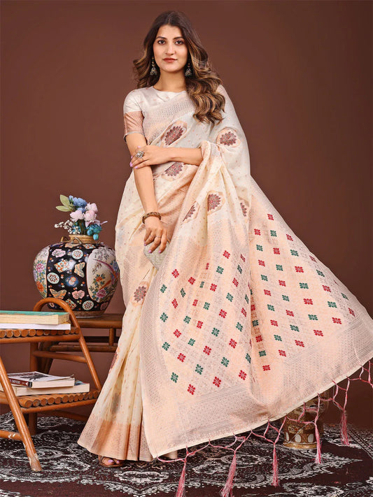 White Linen Cotton Saree With Blouse Piece - EZBER