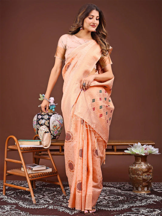 Orange Linen Cotton Saree With Blouse Piece - EZBER