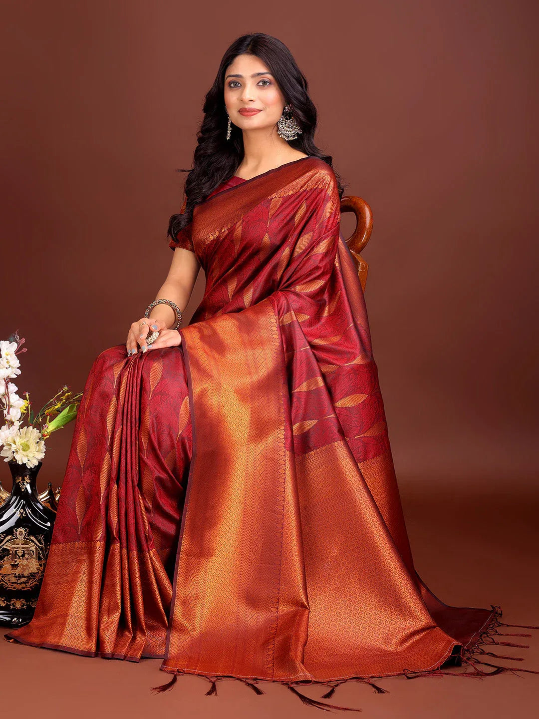 Maroon Banarasi silk Saree With Blouse Piece - EZBER
