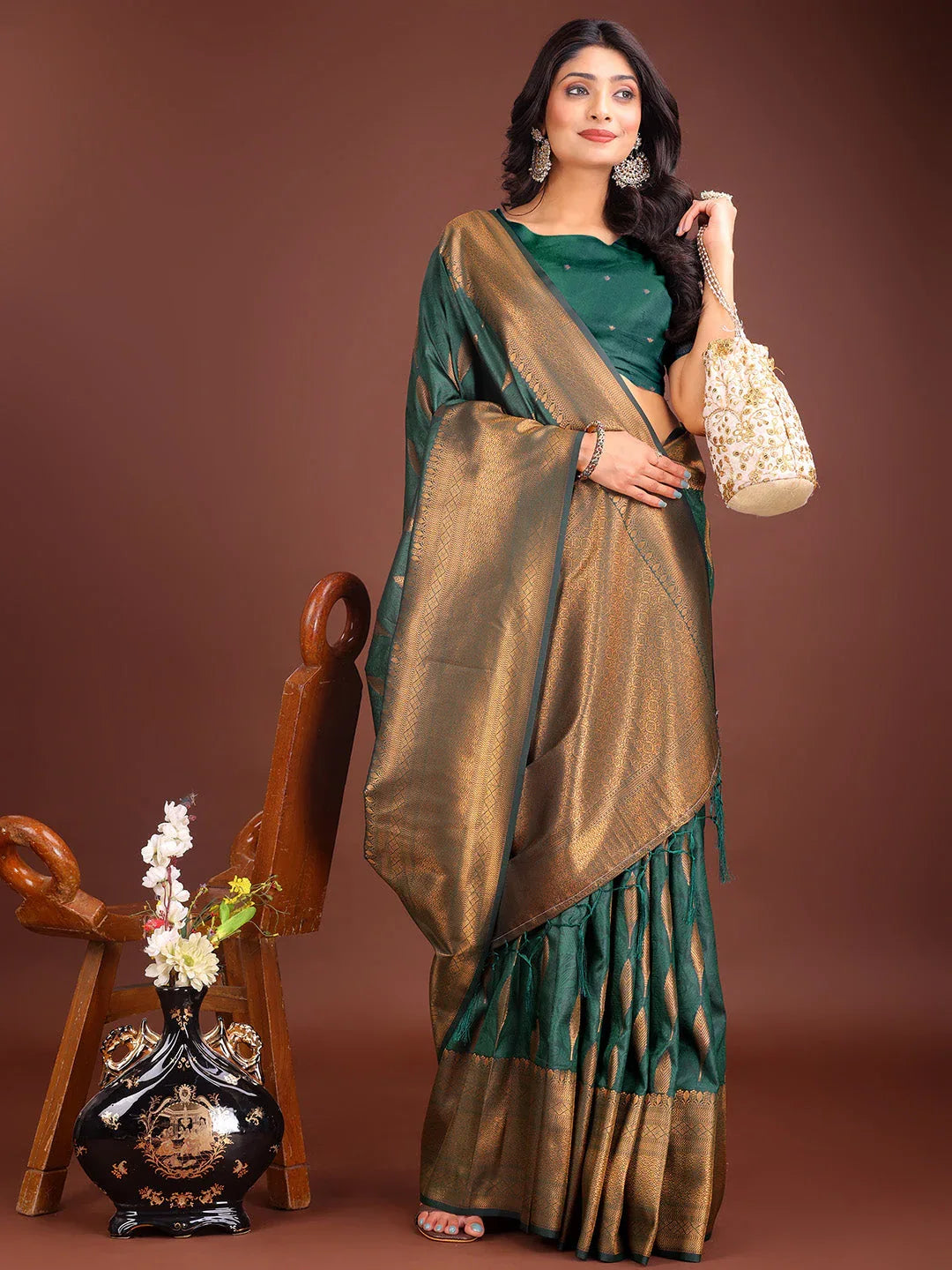 Green Banarasi silk Saree With Blouse Piece - EZBER