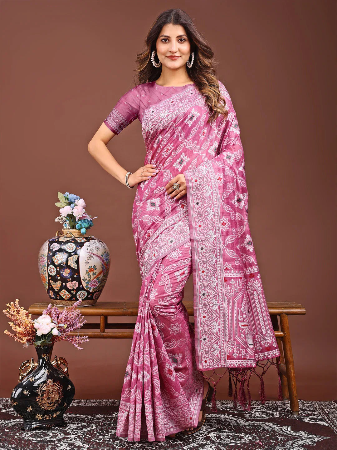 Pink Linen Cotton Saree With Blouse Piece - EZBER