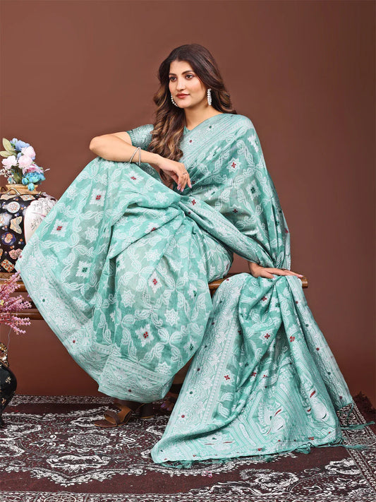 Sea Green Linen Cotton Saree With Blouse Piece - EZBER