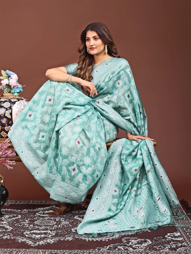 Sea Green Linen Cotton Saree With Blouse Piece - EZBER