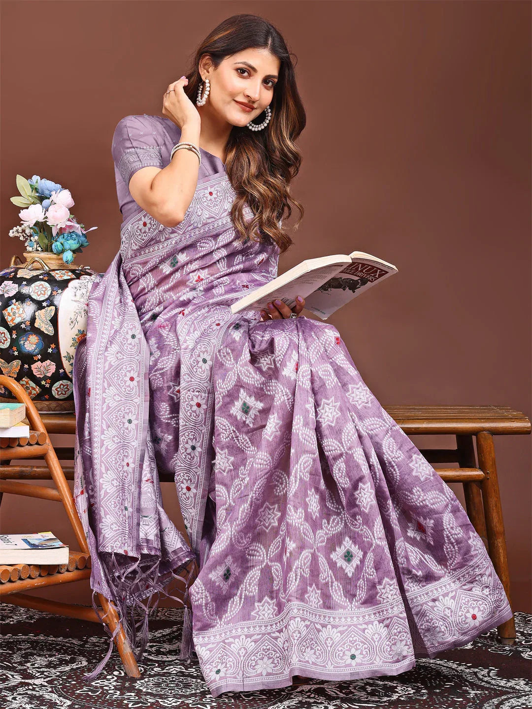 Purple Linen Cotton Saree With Blouse Piece - EZBER