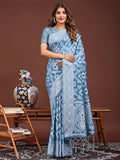 Sky Blue Linen Cotton Saree With Blouse Piece - EZBER
