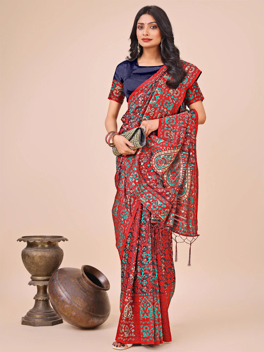 Red Pashmina Cotton Saree With Blouse Piece - EZBER