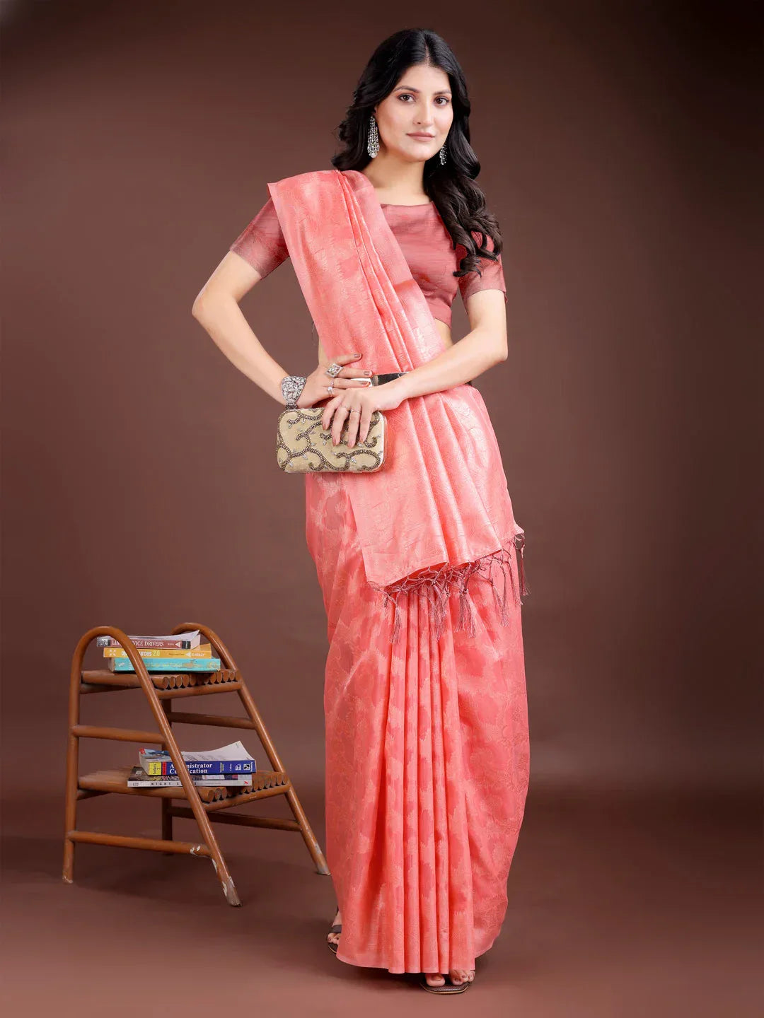 Peach Linen Cotton Saree With Blouse Piece - EZBER